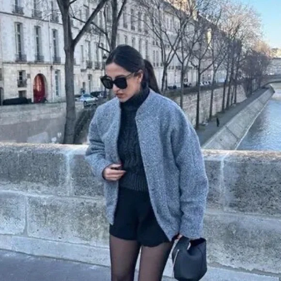 #103 LAST 1! Grey Bomber Jacket Cropped Fitted Coat button down with pockets - Picture 2 of 13